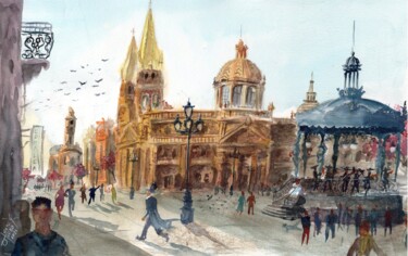 Painting titled "TARDE EN CATEDRAL" by Jaguar X Espiritu, Original Artwork, Watercolor