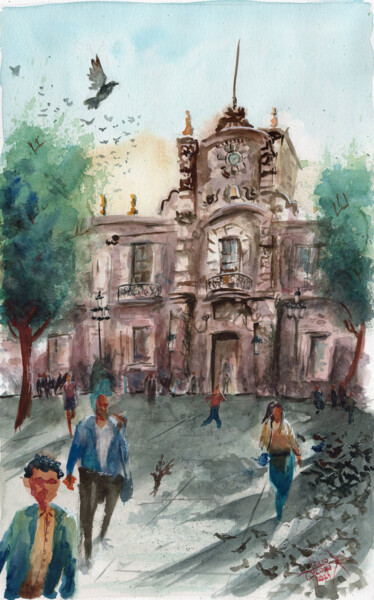 Peinture intitulée "Palacio de Gobierno" par Jaguar X Espiritu, Œuvre d'art originale, Aquarelle