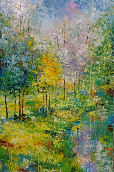 Painting titled "L'arbre d'or" by Nathalie Jaguin, Original Artwork, Oil