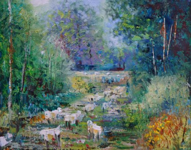 Malerei mit dem Titel "Les moutons" von Nathalie Jaguin, Original-Kunstwerk, Öl