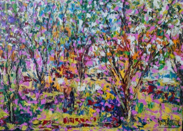 Картина под названием "Jardin du Paradis 2" - Nathalie Jaguin, Подлинное произведение искусства, Масло Установлен на Деревян…