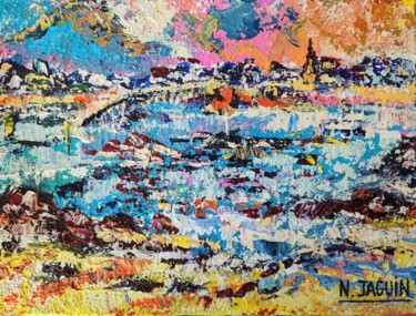 Painting titled "Vue sur Roscoff" by Nathalie Jaguin, Original Artwork, Acrylic Mounted on Wood Panel