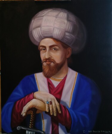 Painting titled "Shah İsmail as-Safa…" by Jahangir Seyidov, Original Artwork, Oil Mounted on Wood Stretcher frame