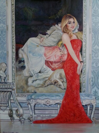 Painting titled "woman in red dress" by Jahangir Seyidov, Original Artwork, Oil Mounted on Wood Stretcher frame