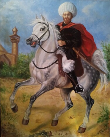 Painting titled "Shah İsmail As-Safa…" by Jahangir Seyidov, Original Artwork, Oil Mounted on Wood Stretcher frame