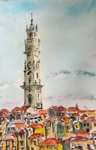 Painting titled "PORTO-Torre dos Clé…" by Jaime Azedo, Original Artwork, Watercolor