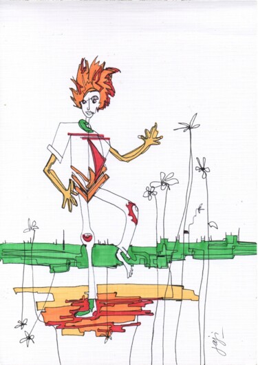 Tekening getiteld "l'homme grue" door Jaji, Origineel Kunstwerk, Marker