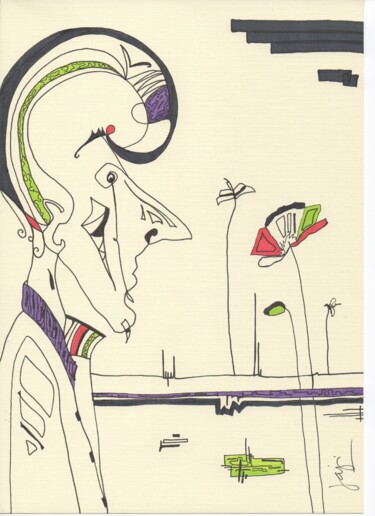 Drawing titled "homme aux coquelico…" by Jaji, Original Artwork, Marker