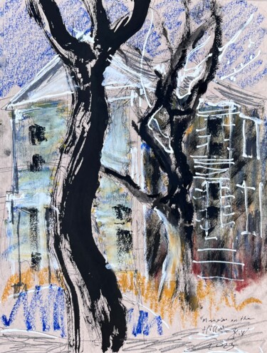 Drawing titled "Mansion on the Hill" by Jake Sheykhet, Original Artwork, Pastel