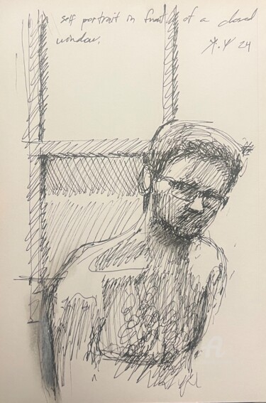 Disegno intitolato "Self Portrait in Fr…" da Jake Sheykhet, Opera d'arte originale, Penna gel