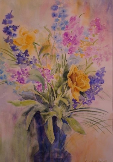 Painting titled "Yellow Roses" by Elizabeth Sennett, Original Artwork, Oil