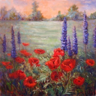 Peinture intitulée "Poppies and Lupines" par Elizabeth Sennett, Œuvre d'art originale, Huile