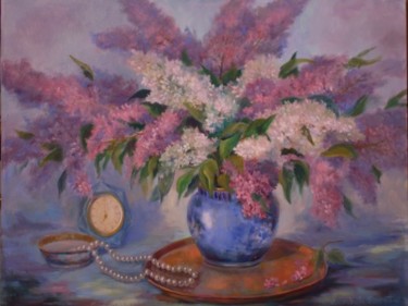 Painting titled "Lilacs and Pearls" by Elizabeth Sennett, Original Artwork, Oil