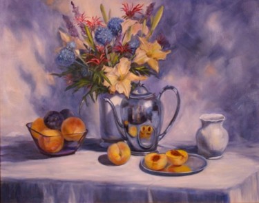 Painting titled "Daylilies and Peach…" by Elizabeth Sennett, Original Artwork, Oil