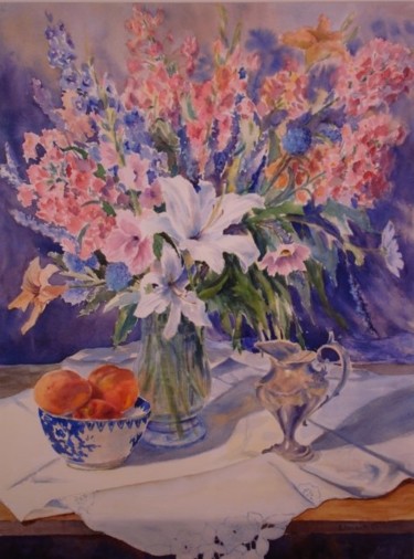 Painting titled "Peaches and Lilies" by Elizabeth Sennett, Original Artwork, Oil