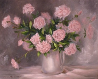 Painting titled "Pink Roses and Pewt…" by Elizabeth Sennett, Original Artwork, Oil