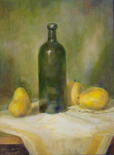 Pintura titulada "Old Bottle with Pea…" por Elizabeth Sennett, Obra de arte original, Oleo