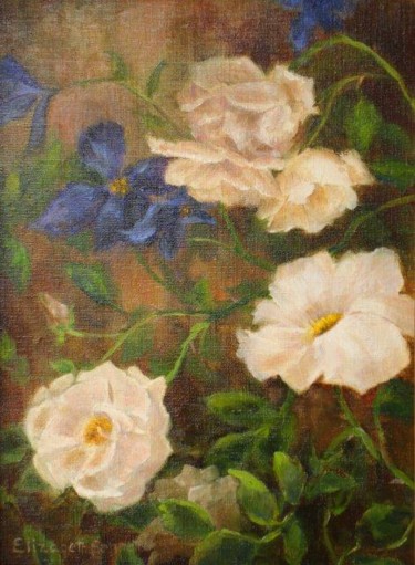 Painting titled "Roses and Clematis" by Elizabeth Sennett, Original Artwork, Oil