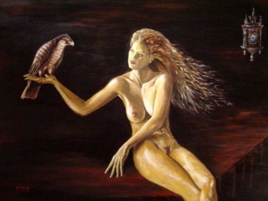 Painting titled "hawk and clock" by Ivan Lenardic, Original Artwork