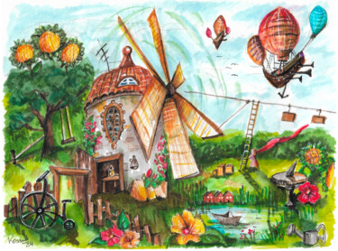 Painting titled "Dreams - Windmill" by Jakub Kossakowski (Art After Hours), Original Artwork, Watercolor