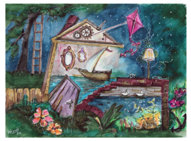 Malerei mit dem Titel "Dreams - Magic House" von Jakub Kossakowski (Art After Hours), Original-Kunstwerk, Aquarell