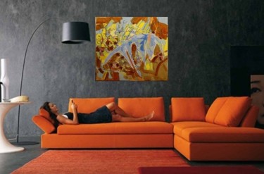 Картина под названием "living-roomDogNBird…" - Jakub Jerabek, Подлинное произведение искусства, Масло