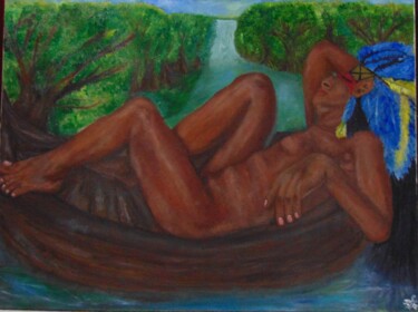Painting titled "India sobre canoa d…" by Jally, Original Artwork, Oil Mounted on Wood Stretcher frame