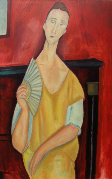 Malerei mit dem Titel "Woman with Fan Jame…" von James Bagatel, Original-Kunstwerk, Öl Auf Keilrahmen aus Holz montiert