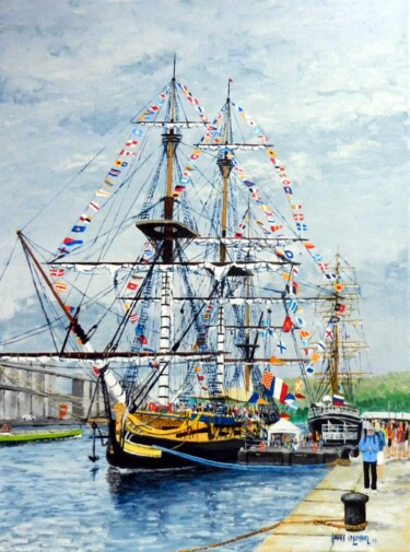Painting titled "L'Hermione à l'Arma…" by James Colombel, Original Artwork, Acrylic Mounted on Wood Stretcher frame