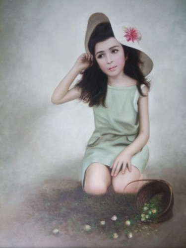 Painting titled "shy lovely girl" by James Hunt, Original Artwork, Oil