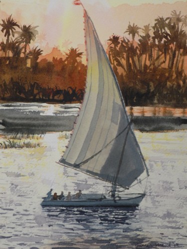 Painting titled "Boat on the Nile at…" by James Shand, Original Artwork, Watercolor