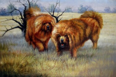 Painting titled "Two tibetan mastiff…" by James Shang, Original Artwork, Oil Mounted on Wood Stretcher frame