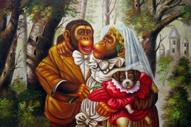 Painting titled "Monkey wedding #008" by James Shang, Original Artwork, Oil Mounted on Wood Stretcher frame
