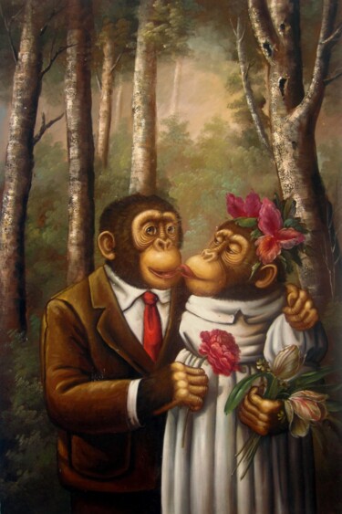 Painting titled "Monkey wedding #003" by James Shang, Original Artwork, Oil Mounted on Wood Stretcher frame