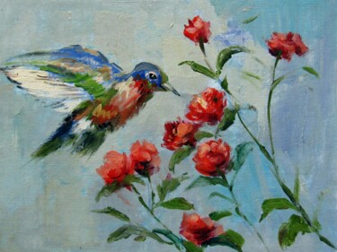 Painting titled "Hummingbird #109" by James Shang, Original Artwork, Oil Mounted on Wood Stretcher frame
