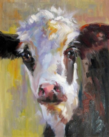 Painting titled "Cow #207" by James Shang, Original Artwork, Oil Mounted on Wood Stretcher frame