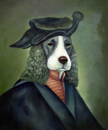 Painting titled "Poncelet dog #007" by James Shang, Original Artwork, Oil Mounted on Wood Stretcher frame