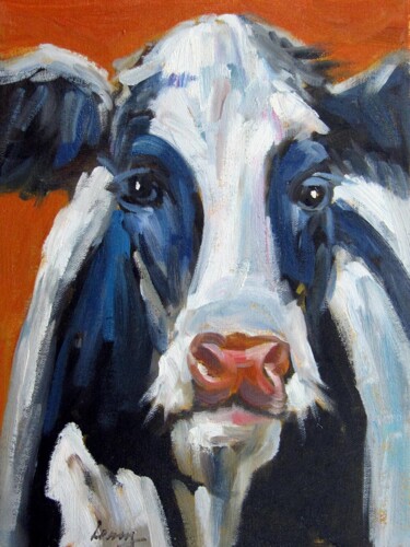 Painting titled "Cow #504" by James Shang, Original Artwork, Oil Mounted on Wood Stretcher frame