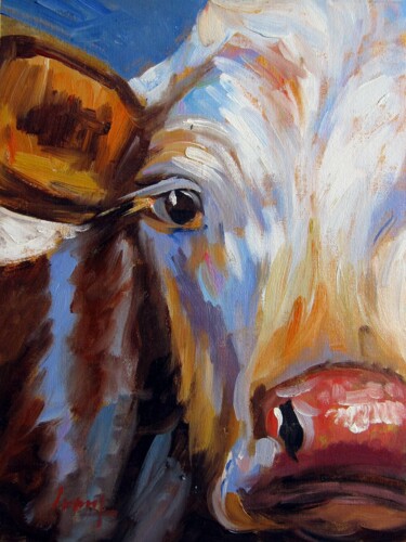 Painting titled "Cow #507" by James Shang, Original Artwork, Oil Mounted on Wood Stretcher frame