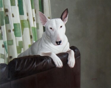 Painting titled "portrait dog 001" by James Shang, Original Artwork, Oil Mounted on Wood Stretcher frame