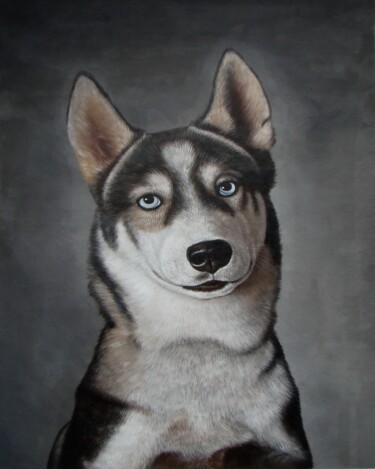 Painting titled "Pet dog 003" by James Shang, Original Artwork, Oil Mounted on Wood Stretcher frame