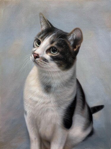 Painting titled "Portrait pet cat 016" by James Shang, Original Artwork, Oil Mounted on Wood Stretcher frame