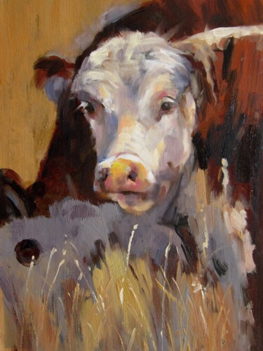 Painting titled "Cow #509" by James Shang, Original Artwork, Oil Mounted on Wood Stretcher frame