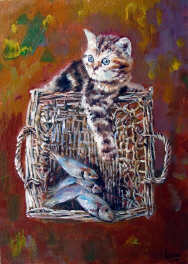 Painting titled "Cat and fish 001" by James Shang, Original Artwork, Oil Mounted on Wood Stretcher frame