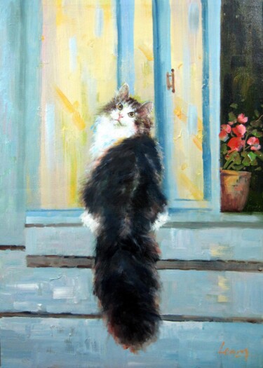 Painting titled "Cat 102DH" by James Shang, Original Artwork, Oil Mounted on Wood Stretcher frame