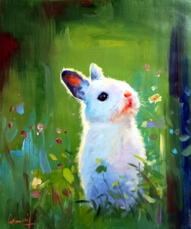Painting titled "Rabbit #201" by James Shang, Original Artwork, Oil Mounted on Wood Stretcher frame