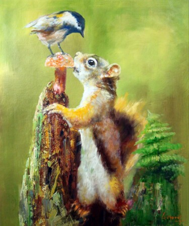Painting titled "Squirrel 002" by James Shang, Original Artwork, Oil Mounted on Wood Stretcher frame