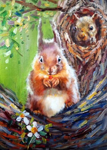 Painting titled "Squirrel 101" by James Shang, Original Artwork, Oil Mounted on Wood Stretcher frame