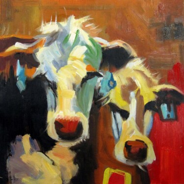 Painting titled "Cow #110" by James Shang, Original Artwork, Oil Mounted on Wood Stretcher frame