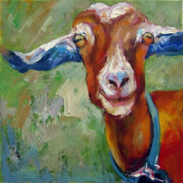 Painting titled "Goat 002" by James Shang, Original Artwork, Oil Mounted on Wood Stretcher frame